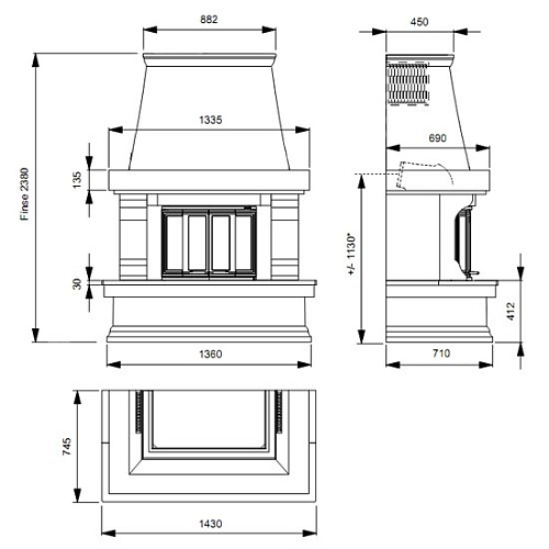 Печь-камин Finse низкий с балкой-дерево, полкой и притопочной панелью из мрамора ruivina_1